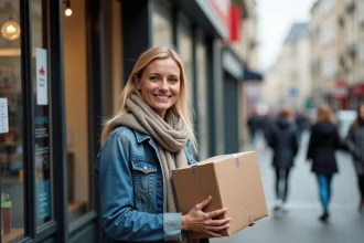 Femme souriante avec colis devant point Mondial Relay