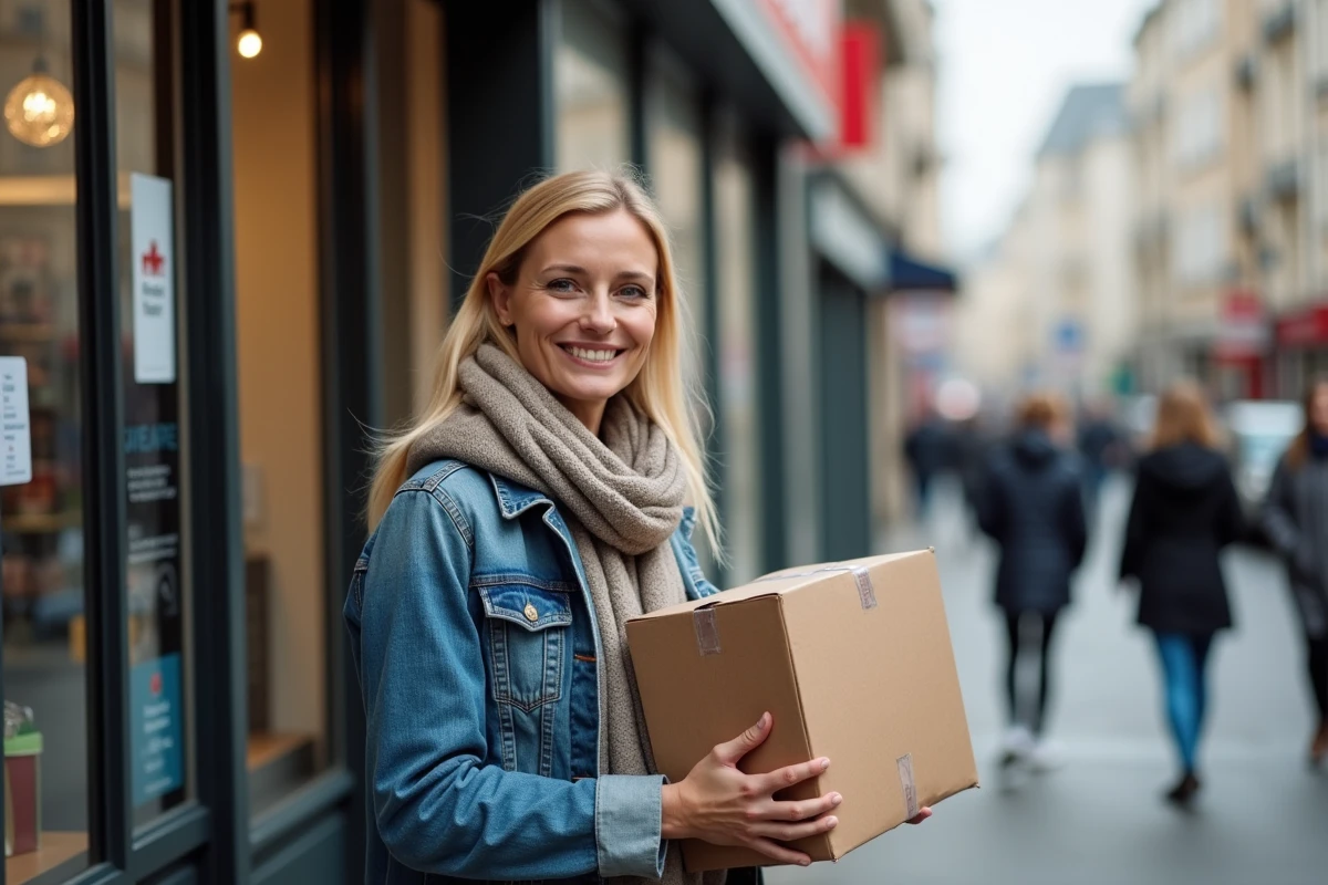 Femme souriante avec colis devant point Mondial Relay