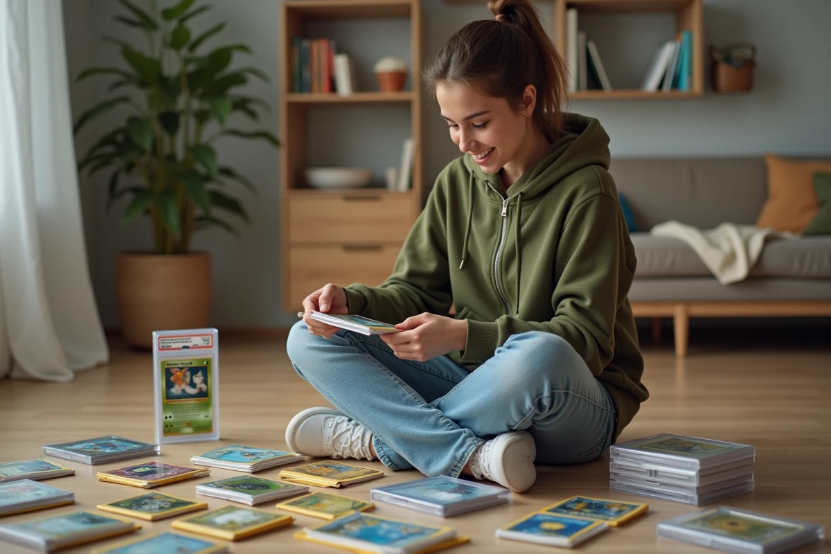 Jeune femme collectionneure de cartes Pokémon assise sur le sol entourée de classeurs, étuis de protection et cartes gradées dans un appartement moderne