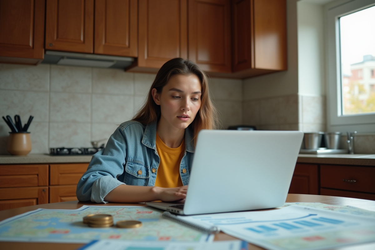 Jeune femme étudie des cartes et monnaies dans une cuisine chaleureuse