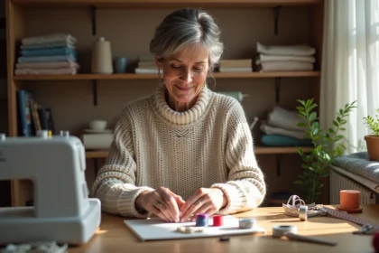 Femme couture arrangeant des bobines de fil coloré