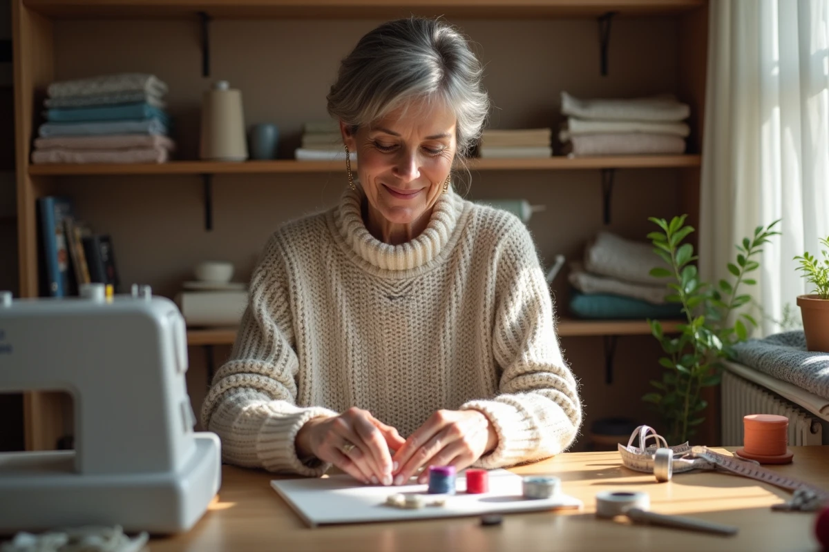 Femme couture arrangeant des bobines de fil coloré