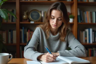 Femme concentrée qui écrit dans un cahier avec un stylo, entourée de livres de grammaire française sur une étagère
