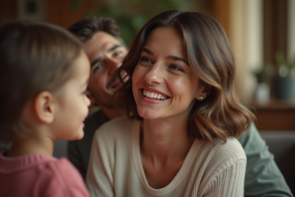 Jeune femme française des années 60 entourée de sa famille dans un salon chaleureux