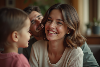 Jeune femme française des années 60 entourée de sa famille dans un salon chaleureux