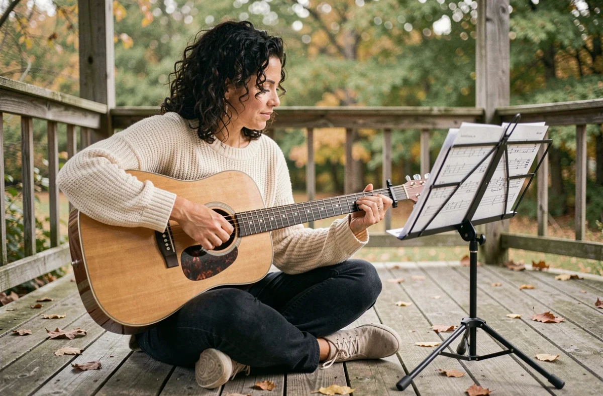 Femme jouant des accords de guitare acoustique sur une terrasse en bois en automne