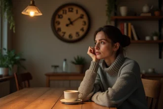 Femme songeuse regardant une horloge affichant 20h20 dans une cuisine chaleureuse, symbolisant le doute et l'espoir en amour