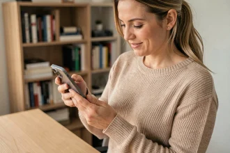 Femme inspectant un iPhone 15 reconditionné dans un bureau à domicile moderne