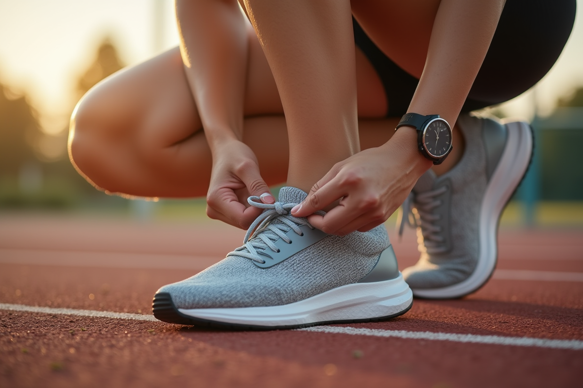 Femme nouant ses baskets de sport sur une piste en extérieur