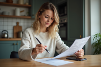 Femme lisant des papiers dans une cuisine chaleureuse