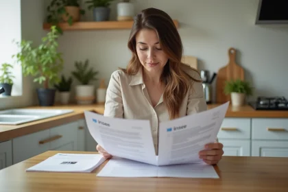 Femme lisant des documents Insee dans sa cuisine chaleureuse