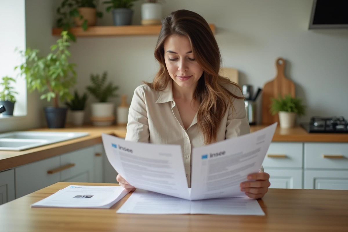 Femme lisant des documents Insee dans sa cuisine chaleureuse