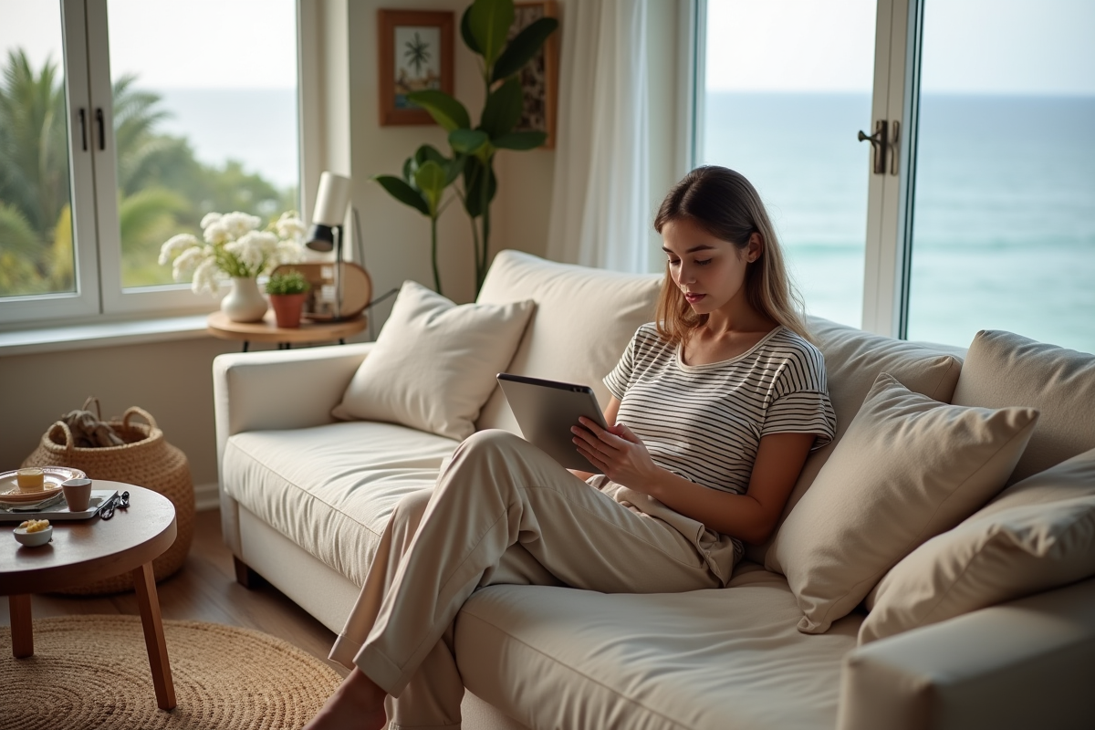 Femme lisant sur un sofa avec vue sur l