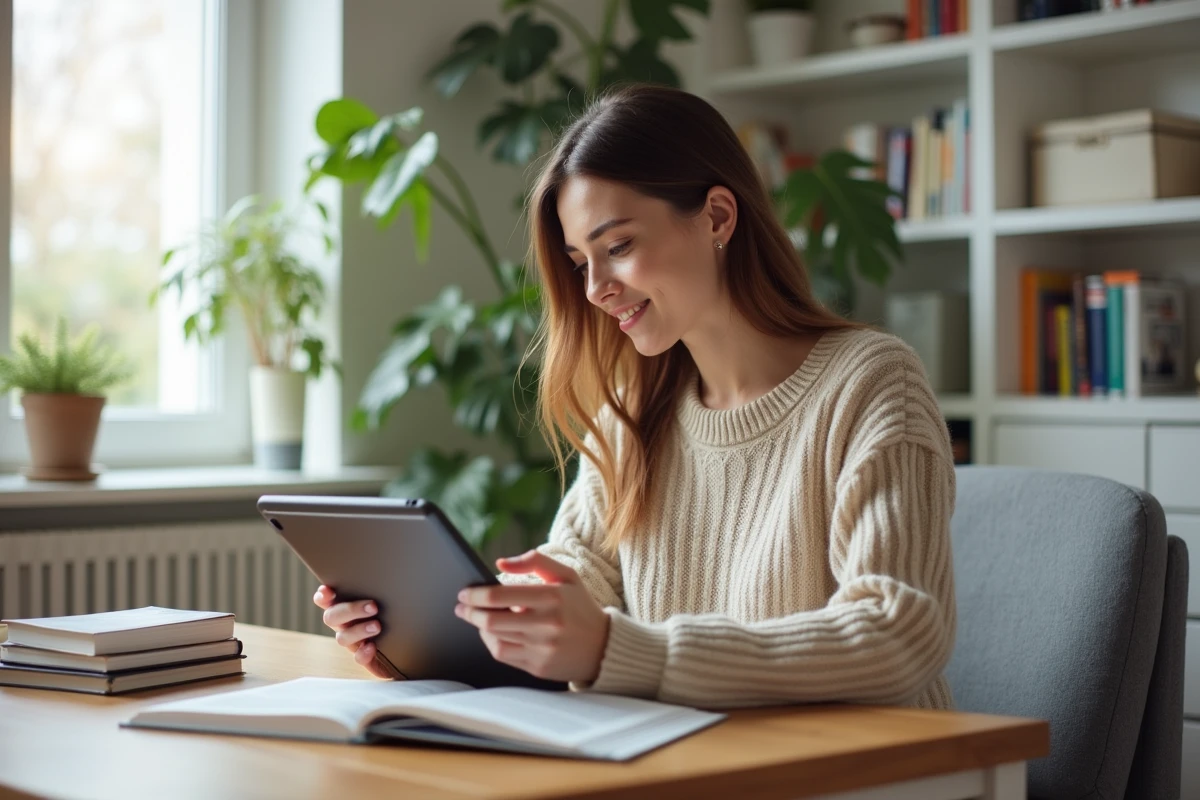 Jeune femme lisant manga sur tablette dans un intérieur cosy