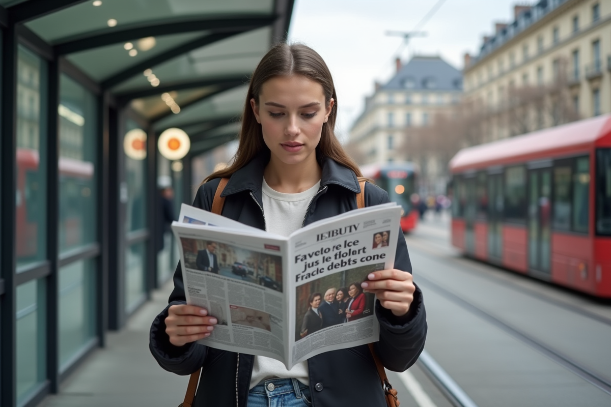 Jeune femme lit un journal sur un arrêt de tram urbain