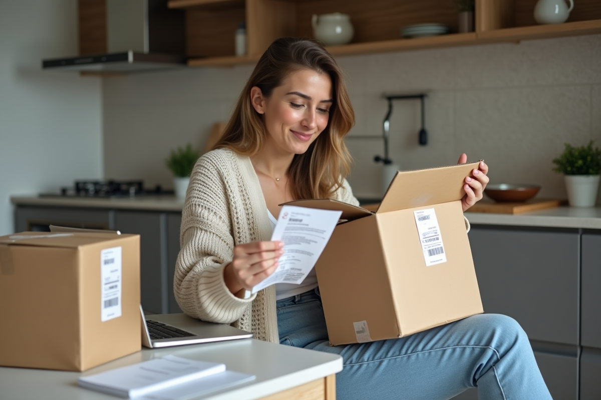 Jeune femme avec colis dans une cuisine moderne