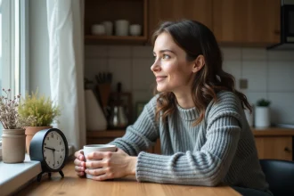 Jeune femme au matin avec café et horloge