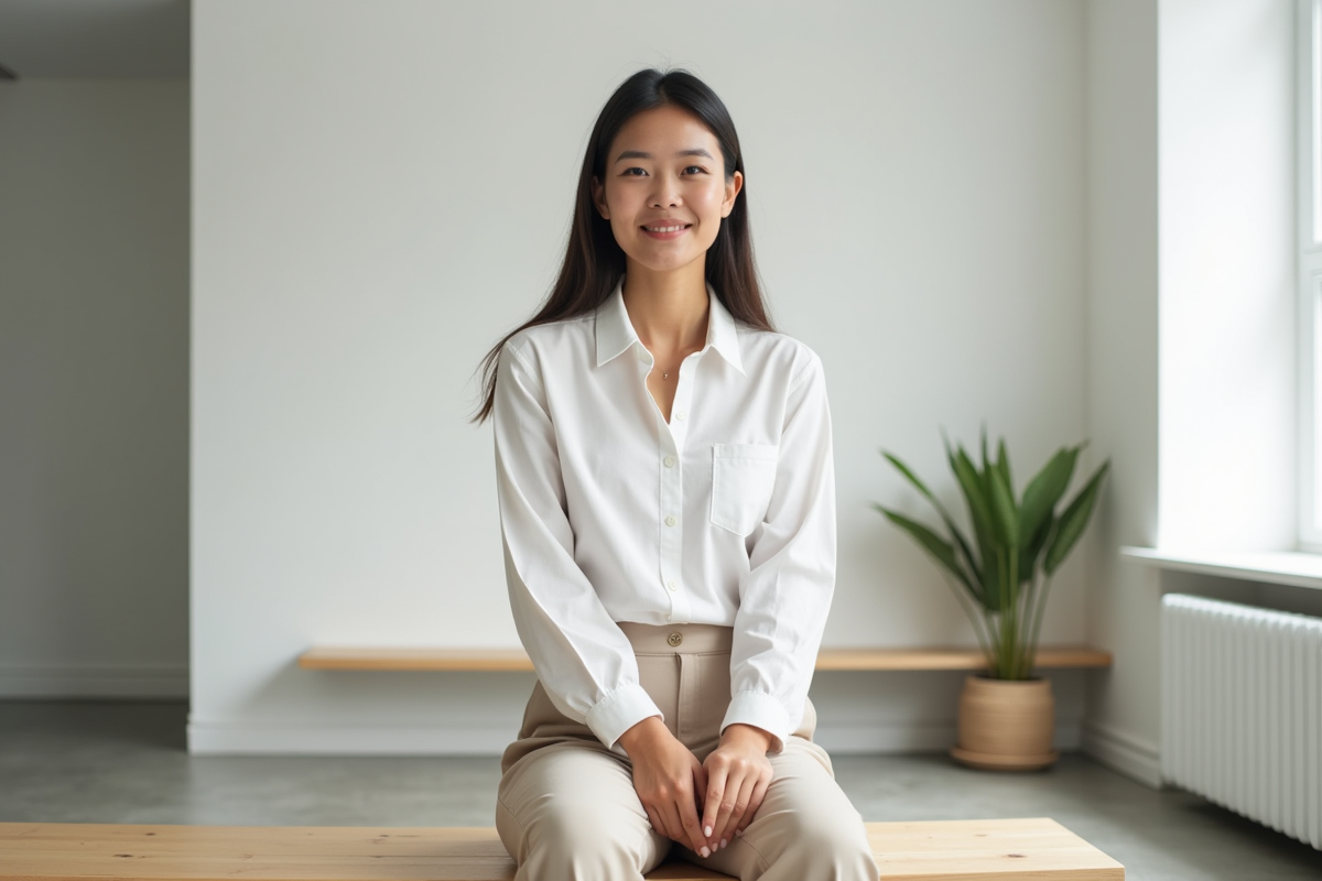 Jeune femme en tenue décontractée dans un salon moderne