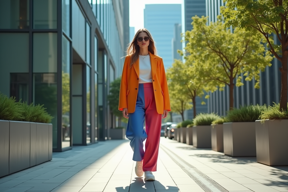 Jeune femme mode urbaine en blazer coloré tendance 2025