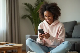 Jeune femme jouant à Monopoly Go sur smartphone et récupérant des liens de dés gratuits depuis son canapé