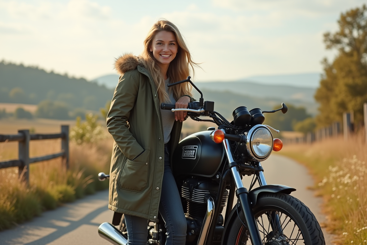 Femme avec moto Avengers dans un paysage rural