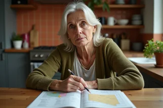 Femme concentrée résolvant des mots croisés avec une carte du Nevada sur une table en bois