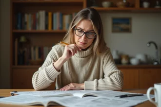 Femme concentrée essayant de résoudre des mots fléchés à une table de cuisine encombrée de grilles et de notes