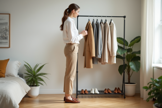 Femme organisée dans une chambre lumineuse et moderne