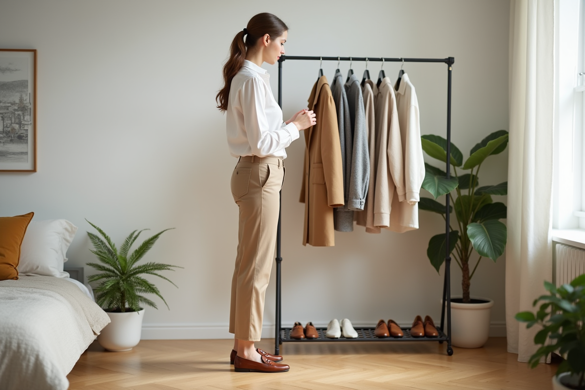 Femme organisée dans une chambre lumineuse et moderne