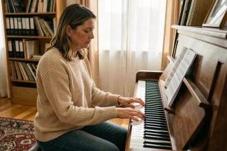 Femme jouant du piano et étudiant des accords transposés pour adapter la tonalité à sa voix