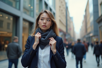 Femme professionnelle en ville ajustant son foulard