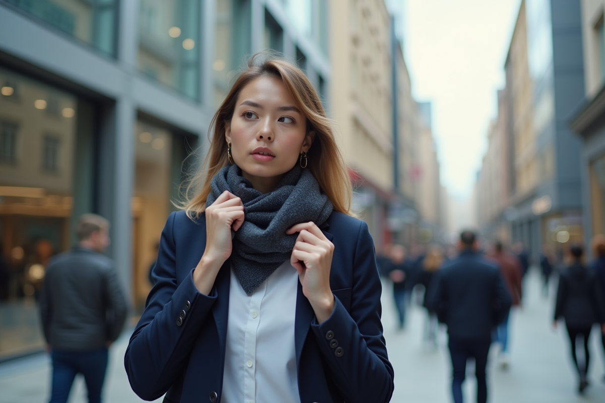 Femme professionnelle en ville ajustant son foulard