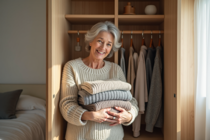 Femme ployant des pulls en laine dans une chambre lumineuse