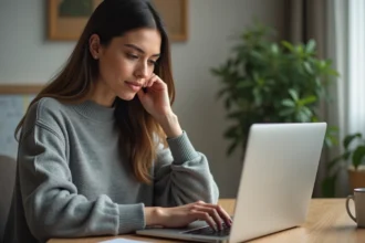 Femme concentrée qui effectue une recherche sur un magazine en ligne depuis son bureau minimaliste à domicile