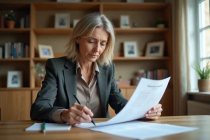 Femme d'âge moyen examine ses relevés de pension à la maison
