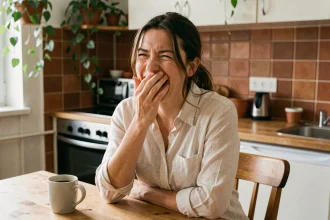 Femme riant après une blague embarrassante dans une cuisine chaleureuse