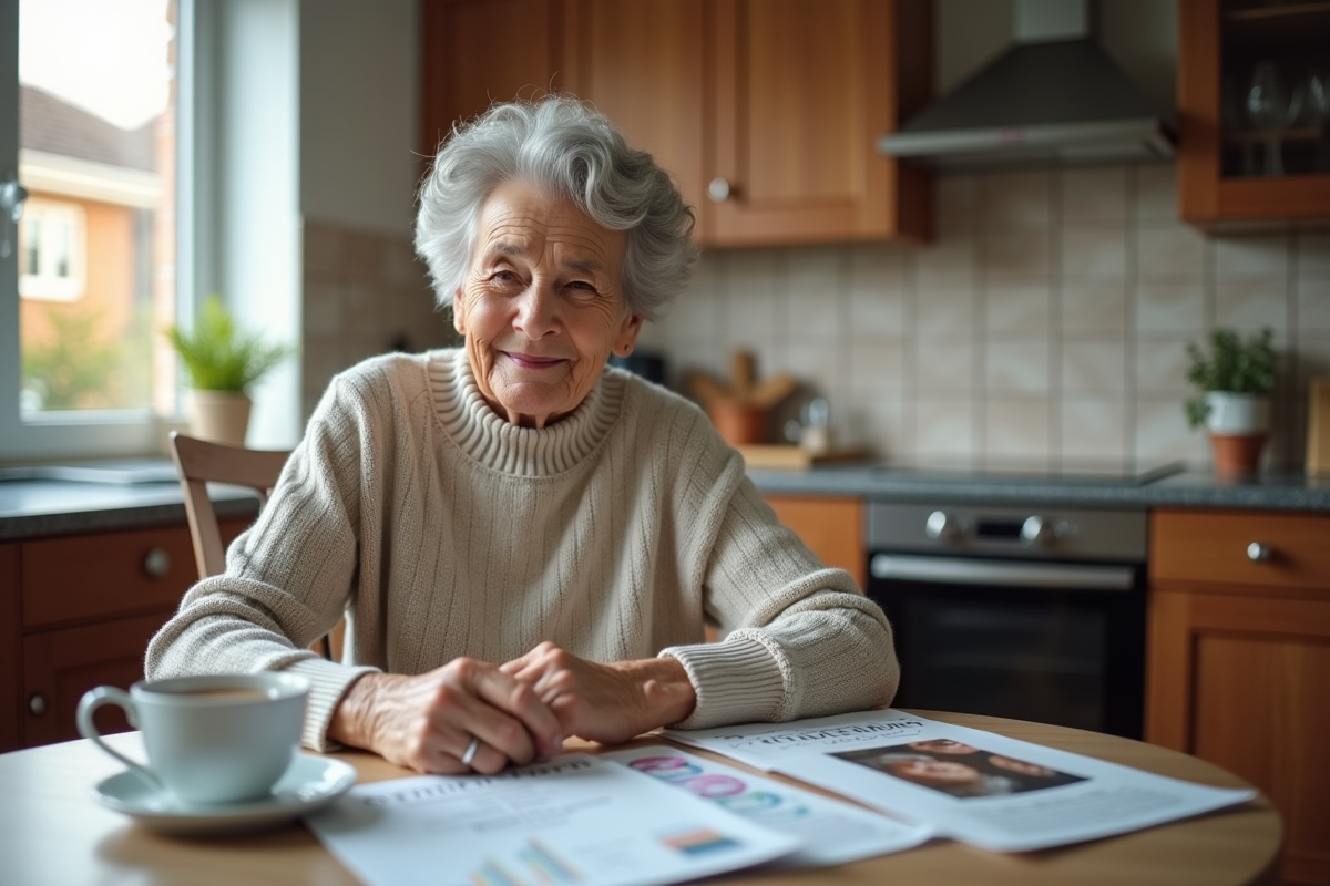 Femme senior souriante dans sa cuisine avec brochures retraite