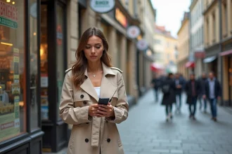 Femme consultant son smartphone devant des commerces de proximité en ville pour trouver un magasin ouvert