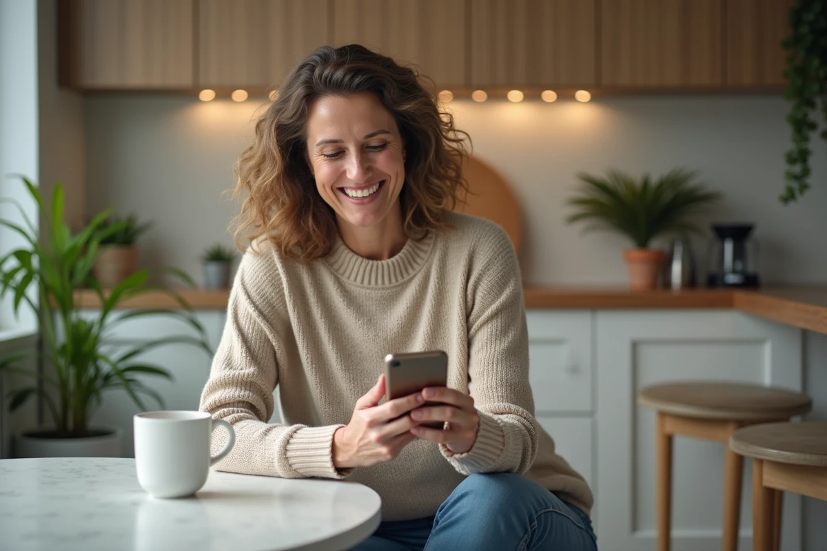 Femme souriante vérifiant ses résultats Keno à la maison