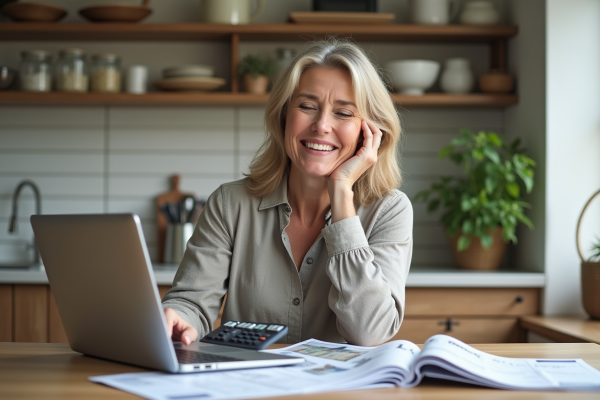 Femme souriante dans la cuisine avec ordinateur et brochures