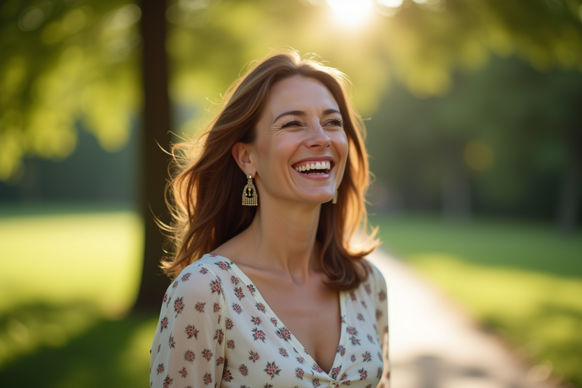 Femme souriante en plein air dans un parc ensoleille