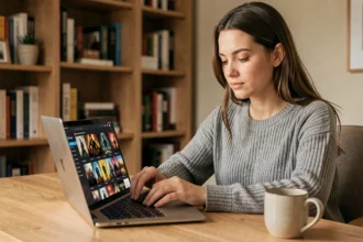 Jeune femme naviguant sur un site de streaming de films depuis son bureau à domicile avec un laptop ouvert