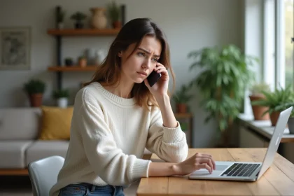 Femme au téléphone à la maison avec un air préoccupé