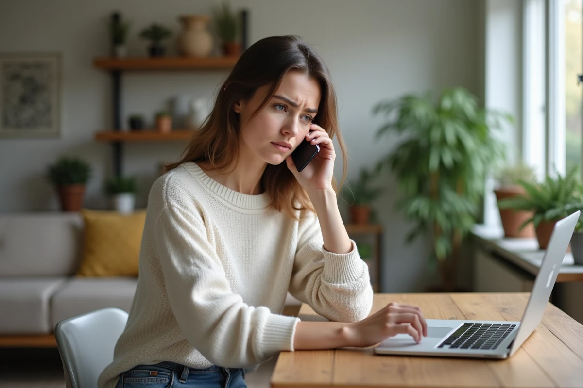 Femme au téléphone à la maison avec un air préoccupé
