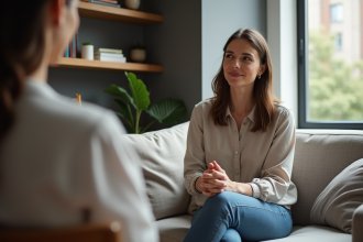 Femme en conversation avec un thérapeute dans un salon cosy