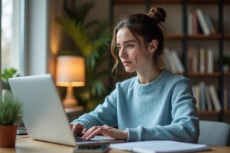 Jeune femme concentrée sur son ordinateur dans un bureau à domicile