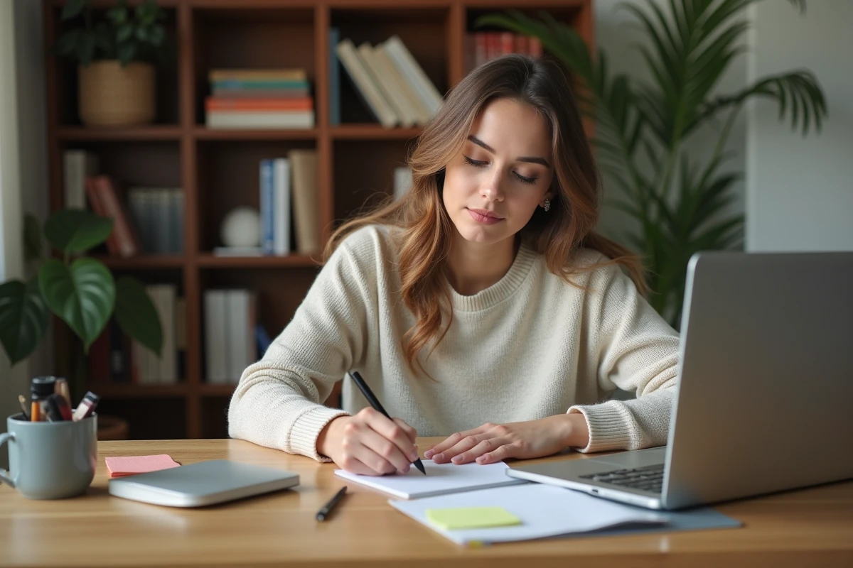 Jeune femme concentrée écrivant une adresse web à la maison