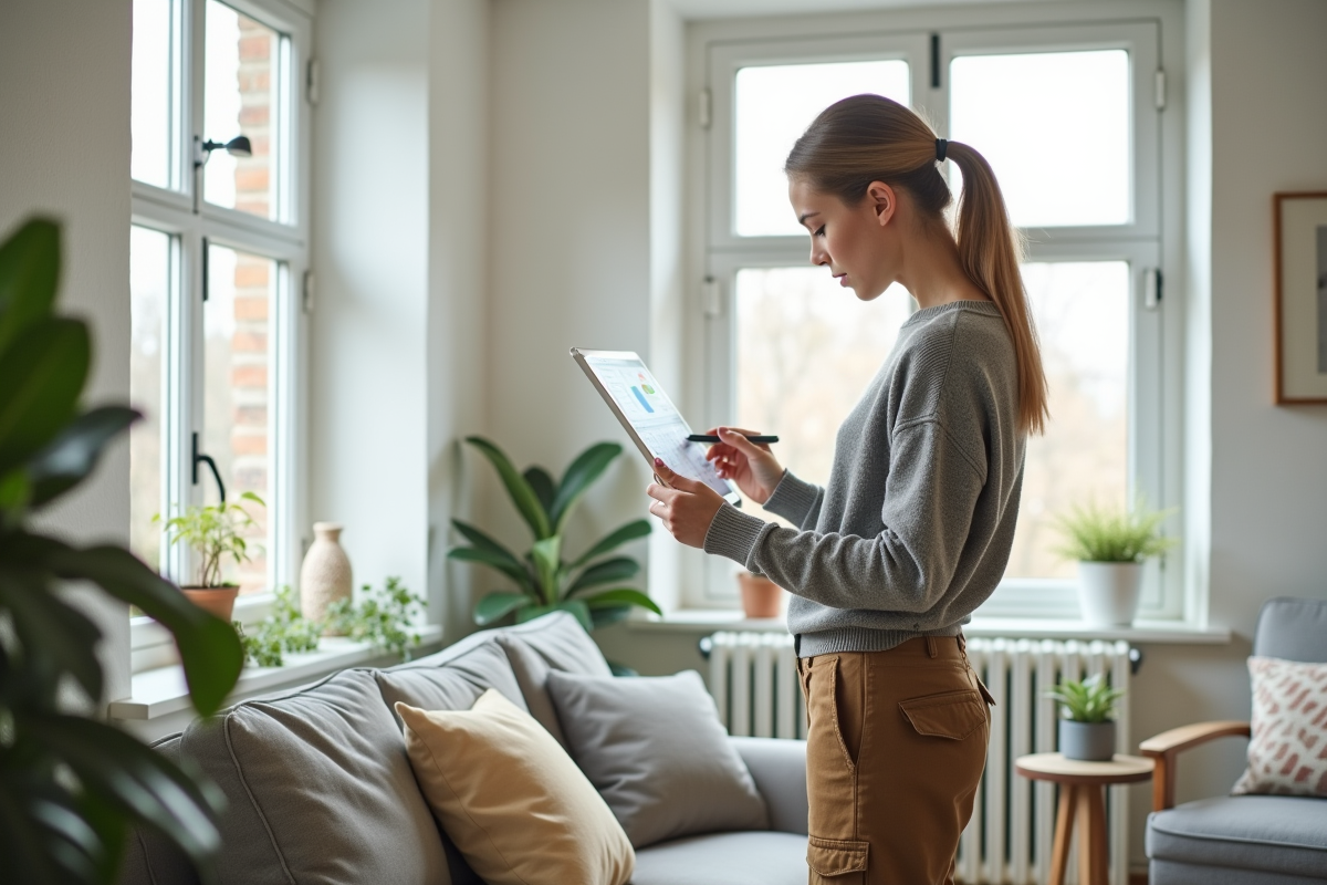 Jeune femme vérifiant un diagramme de chaleur dans un salon lumineux