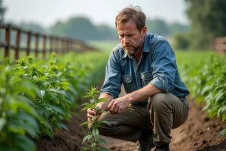 Fermeur examinant une plante de chanvre dans un champ