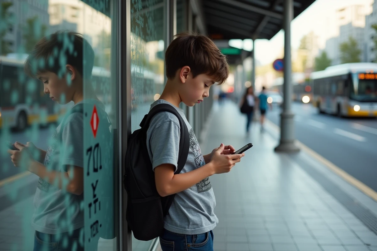 Adolescent parcourant manga sur smartphone dans la rue urbaine